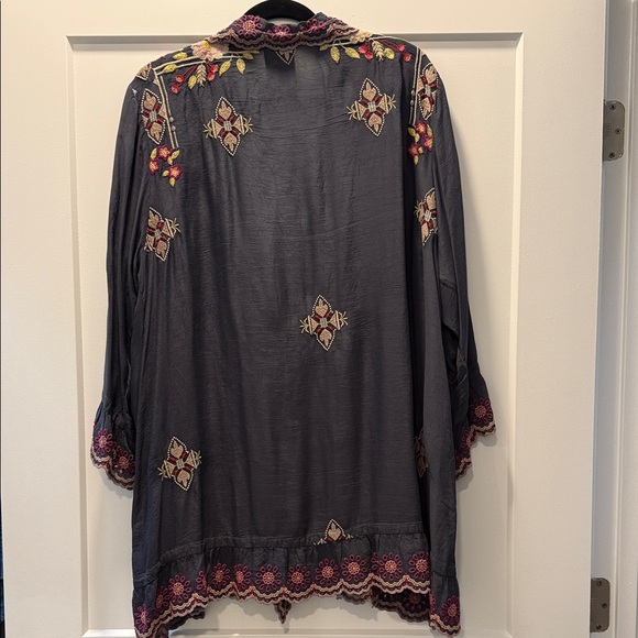 Embroidered Open Front Boho Cardigan in Charcoal with Floral Accents - Picture 7 of 7